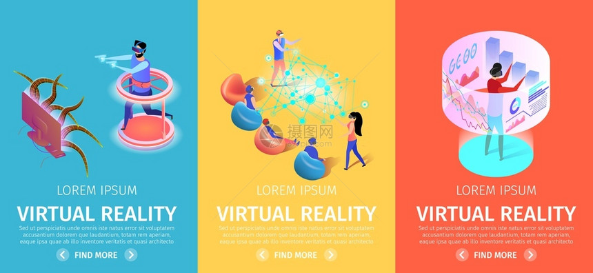 体验VR虚拟技术的年轻人卡通矢量插画图片