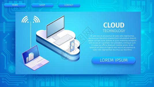 蓝色笔记本电脑云层技术横向封条复制空间现代服务计算机元素通过互联网在蓝亮光度梯背景插画
