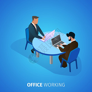 办工桌办公室工作广场银行几名坐在桌对面工作蓝色渐变背景的笔记本电脑上工作的商人企业雇员工作场所3DDIssologic矢量说明办公室工插画