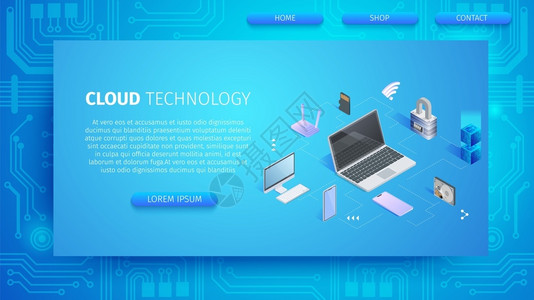 小青橘CloudTechnologyTechnicalBannerwithCopyspace计算机设备与媒体服务器的连接Gadgets插画