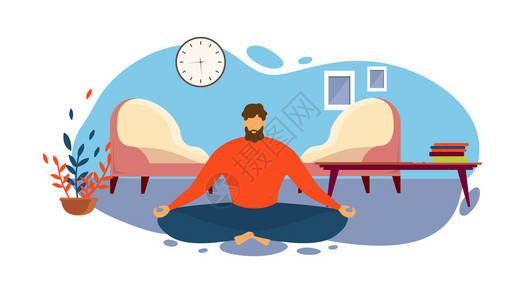 瑜伽男人在Lotus定位矢量说明的LotusPostVictorIExplication家晨默思练习室内瑜伽运动和平思想放松心智清醒理健插画