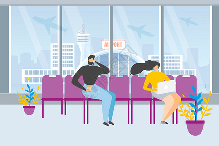 电脑终端机场休息室乘客饮用咖啡电话交谈笔记本工作插画