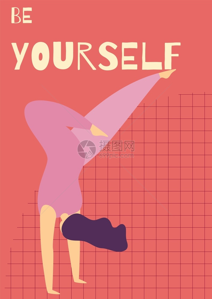 以彩色回滴矢量卡通女孩在网格上进行瑜伽锻炼时的彩色矢量卡通女孩在磁概念上自用平方纸牌模板作为自用女动力平板卡模图片