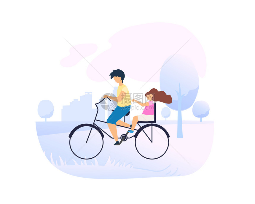 在美丽的城市公园骑自行车矢量插画图片