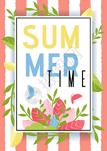 夏季时广告和漂浮的蝴蝶与植物树叶装饰夏季广告图片