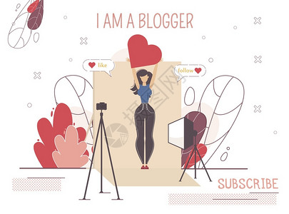 VloggerBirginner博客视频道订阅社会媒体概念的普及女博客将心放在首位线流传欢迎订户TrendyFlatVector插画
