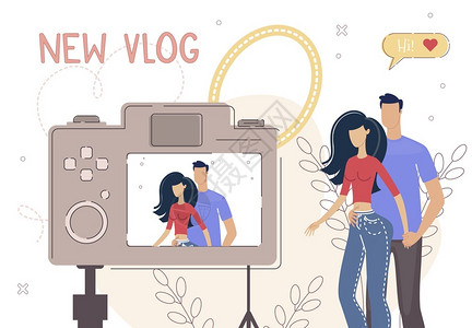 博克姆VlogHobbyInterblogHobbyInternet娱乐媒体内容创造概念男女摄像头录制的罗姆关系中一对情侣录制像流传生插画