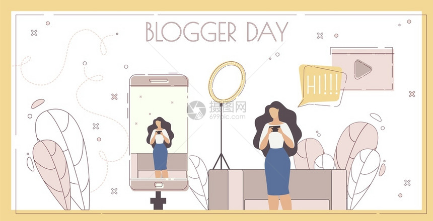 博客日社交媒体内容创造者活动平面矢量Banner女Vlogger与智能手机实时视频交流与在线观众聊天TrendyFlatVect图片