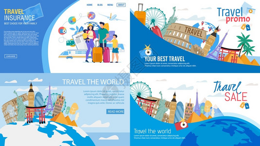 旅行套装旅行销售运输保险促销和广告世界巡游轮落地套装旅游家庭度假著名的地标和吸引物设计矢量说明插画