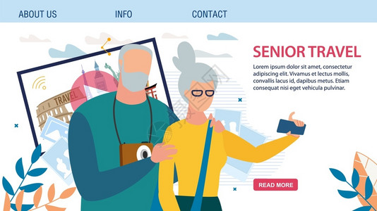 为老年夫妇提供最佳旅游的落地页面快乐的退休男人和妇女一起旅行通过互联网分享印象电话自拍旅行社矢量说明背景图片
