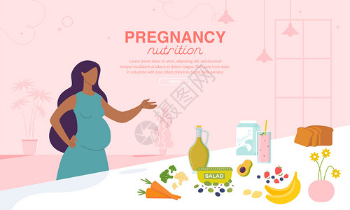 怀孕营养和健康饮食广告海报孕妇在线秩序和分娩食品Bellly与新鲜营养物饮料相邻的非洲裔美籍女士插画