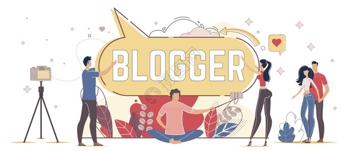 vlogger现代博客或Vlogger社交媒体内容制作者生活方式银行海报模板追赶者Liking和分享站博客张贴视频和照片在线TrendyFla插画