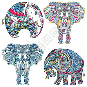 高迪纹身素材带装饰的印度大象插画