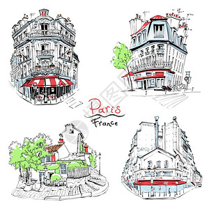 一套矢量手绘画法国巴黎有咖啡厅和灯笼的典型公寓法国巴黎图片