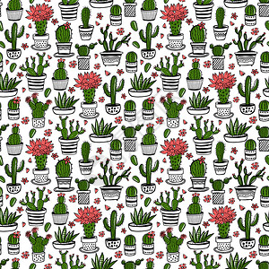 卡通手绘花壶Cactus和succulant手绘的花架锅中面条花朵草图风格的手工和画无缝图案锅中的面条颜色花朵料中的背景