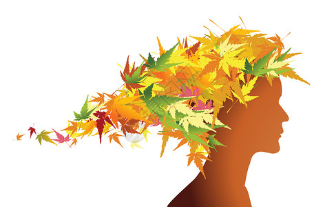 秋色花卉女孩双轮由彩色叶子毛组成图片