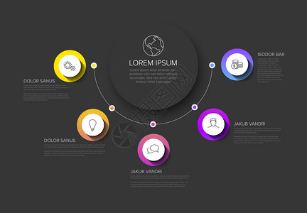 多用途矢量Infographic模板带有标题和五个元素选项以及暗底背景上的现代颜色背景图片