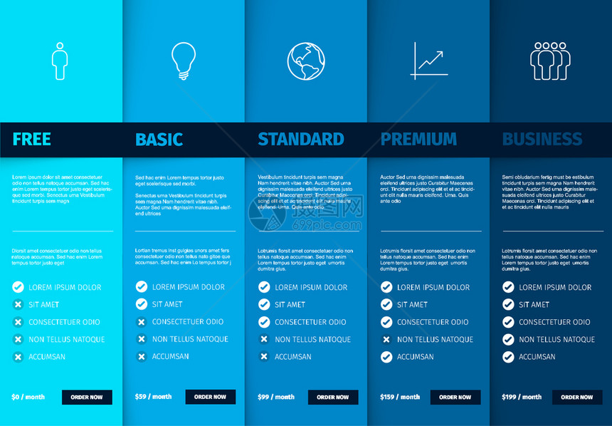 产品服务功能特征比较列表模板包括各种选项描述特征和价格深蓝色版图片