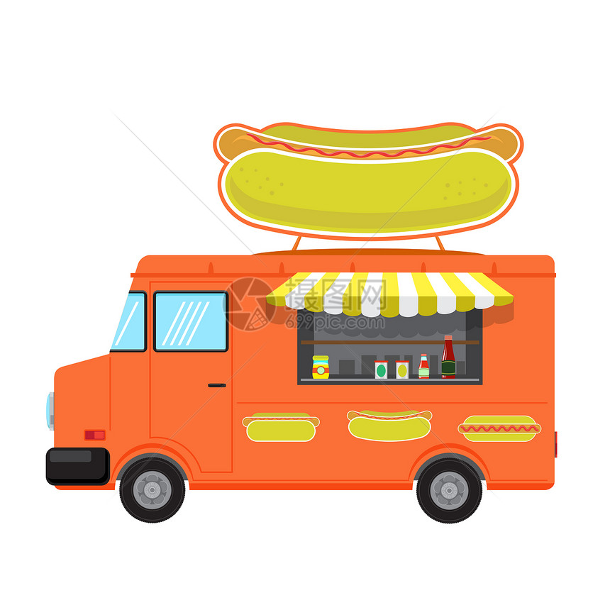 白色背景上孤立的橙色食品卡车白背景上孤立的红色食品卡车图片