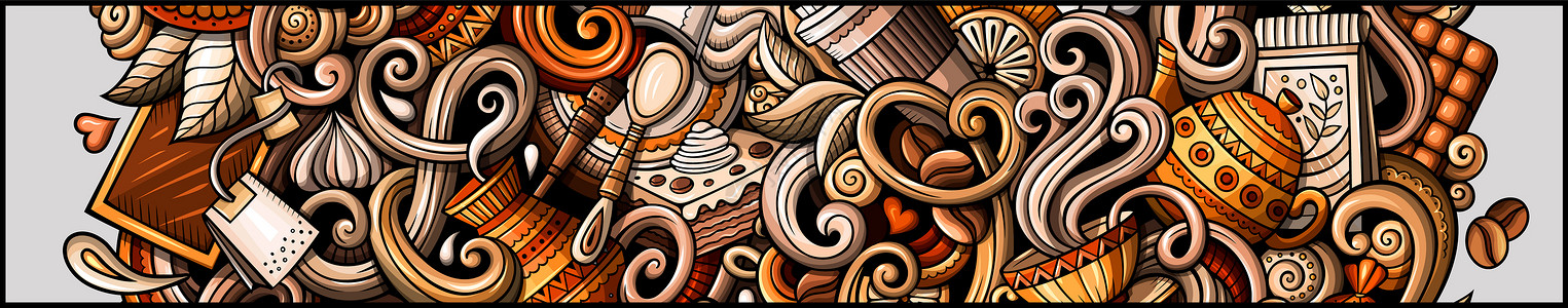 豆画Cafe手画的涂鸦横幅卡通详细传单带有物品和符号的咖啡标识颜色矢量设计要素背景卡通详细传单背景