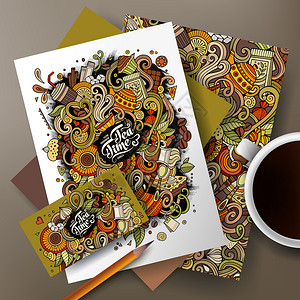 卡通外太空名片卡通可爱的多彩矢量手工绘制的咖啡馆茶叶公司身份图集名片传单海报桌上文件的模板设计背景