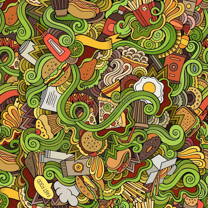 无缝手绘制的涂鸦是抽象快速食品模式图片
