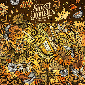 卡通蜂巢卡通可爱的面条手工绘制蜂蜜框架设计色彩详细包含许多对象背景有趣的矢量插图明亮的颜色边框卡通面条蜂蜜框架设计背景