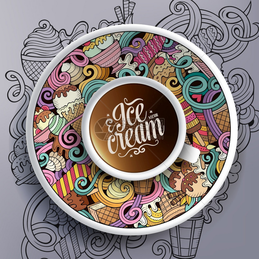 向量插图用一小杯咖啡和手在碟子上背景画出冰淇淋面条图片