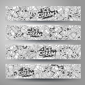 手工冰淇淋卡通线艺术矢量手工绘制涂鸦冰淇淋公司身份4水平横幅设计模板置卡通线艺术矢量手工绘制涂鸦冰淇淋公司身份插画