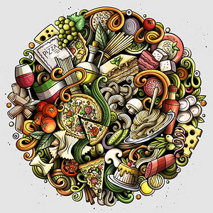 烤五花肉图片意大利食品圆形图解色彩多详细有许多对象背景所有对象都分开意大利菜的颜色明亮有趣的图片意大利食品圆形图解插画