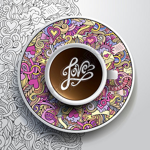 矢量插图用一杯咖啡和手在碟盘背景上绘制情涂鸦图片