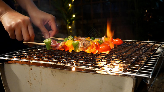 烧烤炉上燃着的烤火蔬菜猪肉和鸡加胡椒晚上的餐烧烤会和猪肉图片