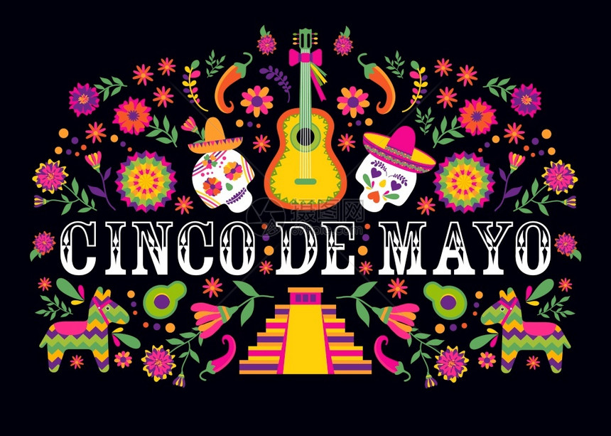 CincodeMayo5版标语矢量Cinco版标语矢量墨西哥设计喜庆卡或政党邀请海报花卉传统墨西哥面框黑色背景上带有花纹字母图片