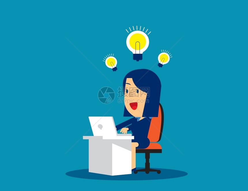 商业女人在工作和创造思想灯泡概念商业矢量说明Bulb和思想工作与幸福图片