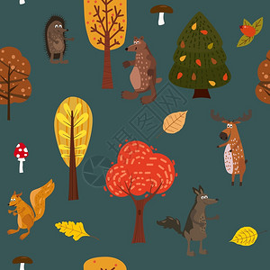 卡通风格秋季森林可爱动物矢量背景图片