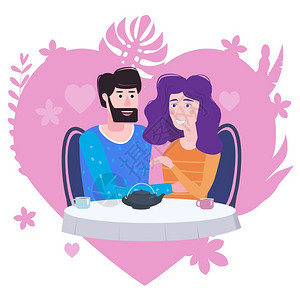 爱茶在咖啡厅甜蜜约会的情侣卡通矢量插画插画