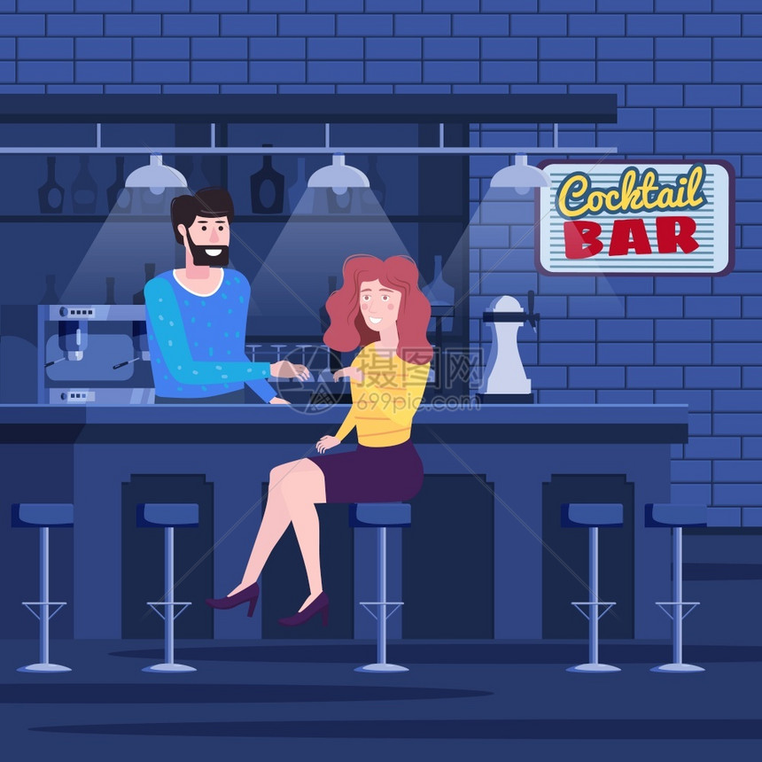 两个女朋友在鸡尾酒吧举行浪漫会议坐在椅子上享受和放松会议与对话女人坐在鸡尾酒吧的椅子上享受和放松会议与对话酒吧内有胡子的酒保饮料图片