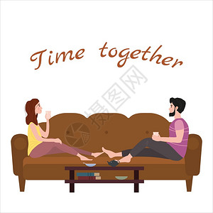 沙发上的食物和饮料卡通情侣躺在沙发上的快乐时光插画