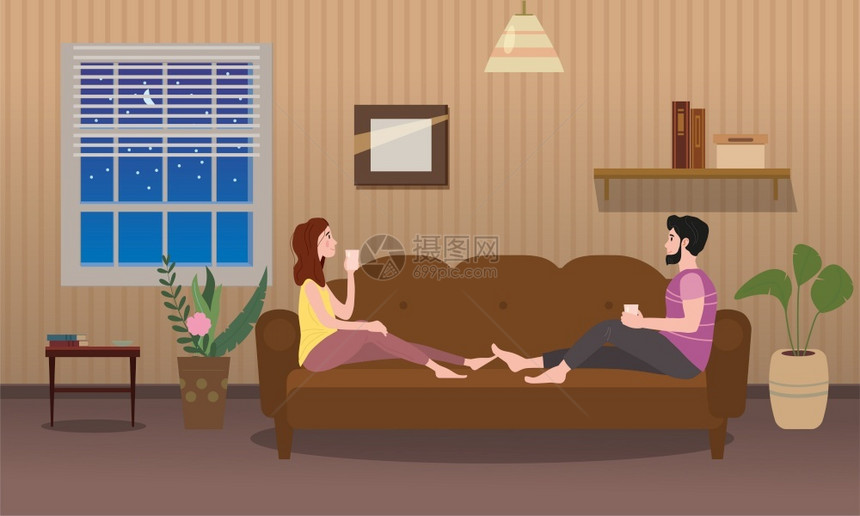 卡通情侣躺在沙发上的快乐时光图片