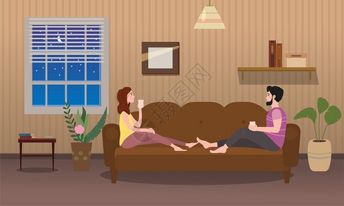 在沙发上情侣卡通情侣躺在沙发上的快乐时光插画