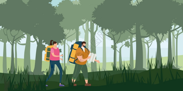徒步森林户外旅游探险徒步的夫妇插画