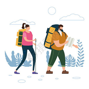 生活方式冒险爱的可旅游夫妇在户外活动探险旅行徒步带和背包的旅游夫妇在户外活动冒险行徒步游野平淡卡通多彩矢量图插画