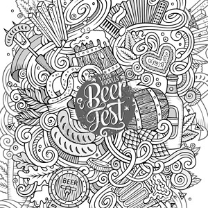卡通可爱的面条手画啤酒框架设计线条艺术详细有许多对象背景有趣的矢量插图卡通可爱的面条手画啤酒框架设计背景图片
