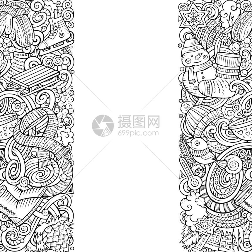 卡通矢量doodlesWinter垂直条纹设计卡片细线艺术附有许多对象图解所有项目都是分开的季节滑稽边框垂直条纹设计卡片图片