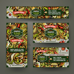 公司身份矢量模板集设计带有涂鸦手工绘制的墨西哥食物主题彩色横幅id卡flayer设计模板集背景图片