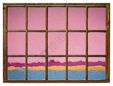 从古老的沙玻璃窗中看到的湖面景观由印度手制纸的纹质页所创造的抽象面粉黄昏或黎明背景图片