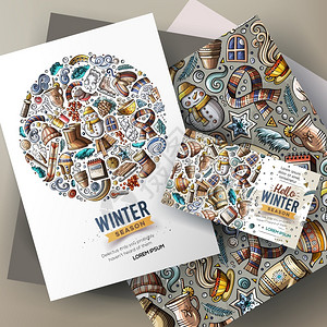 多彩听课证件卡通可爱的多彩矢量手工绘制的冬季公司身份图集插画