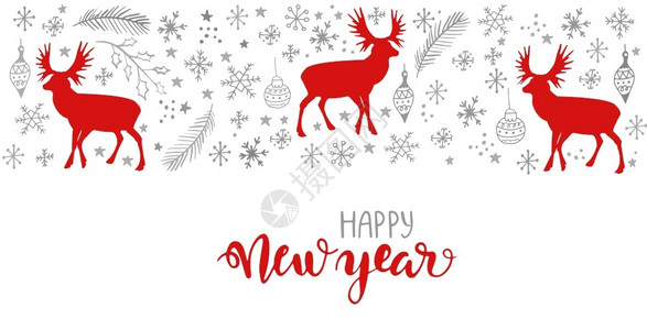 以雪花红鹿和字母写的新年快乐来显示象样的矢量图片