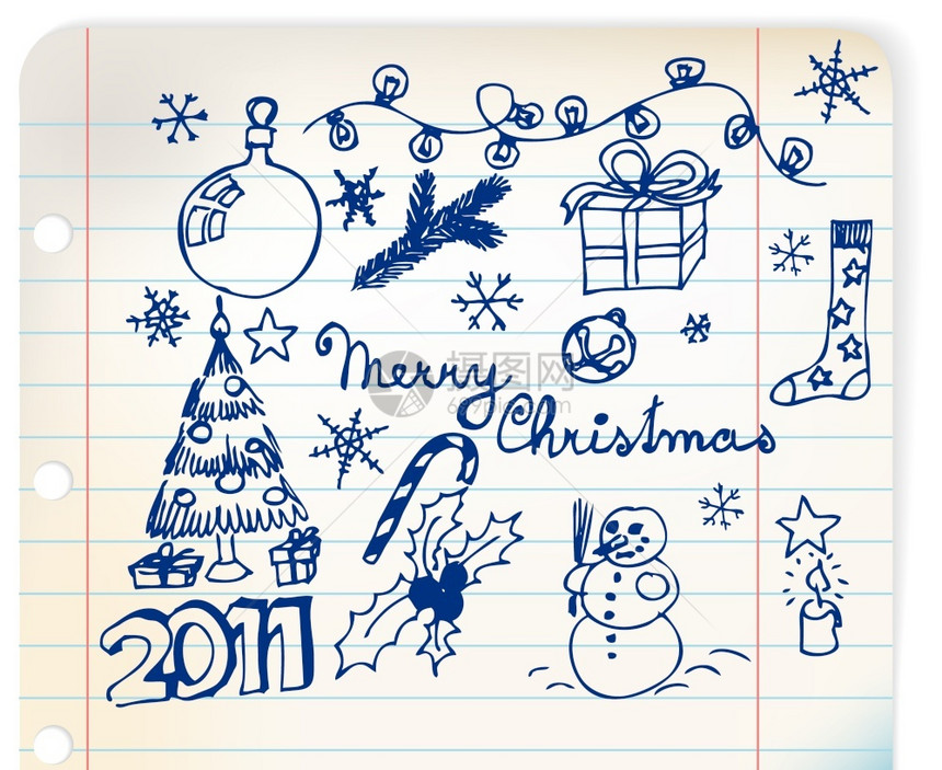 连结纸上的矢量圣诞和新年涂鸦插图图片