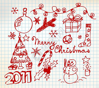 新年图方纸上的矢量圣诞和新年涂鸦图插画